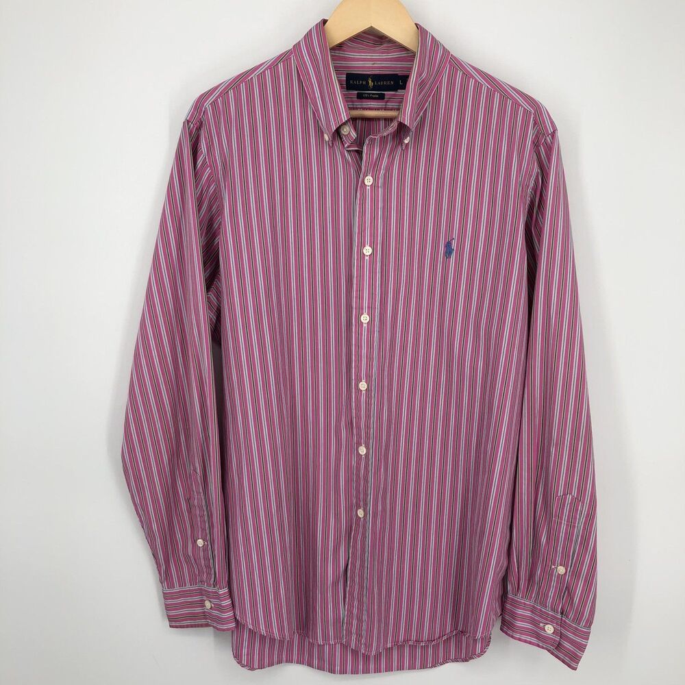 Ralph Lauren Shirt Mens Large Pink Green Striped‎ Button Down 120s Poplin Cotton